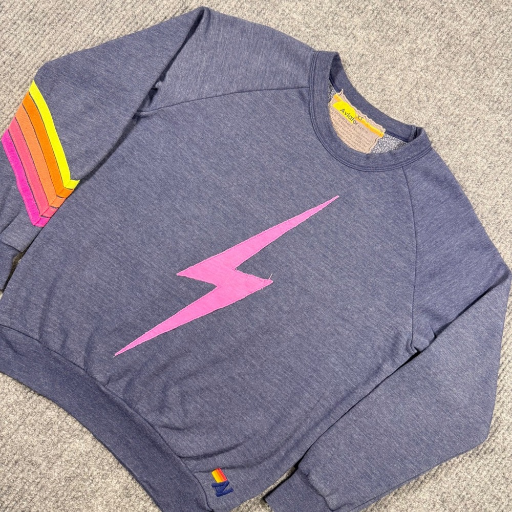 Aviator Nation Blue Lightning Bolt Rainbow Stripe Sweatshirt XS Made in USA
